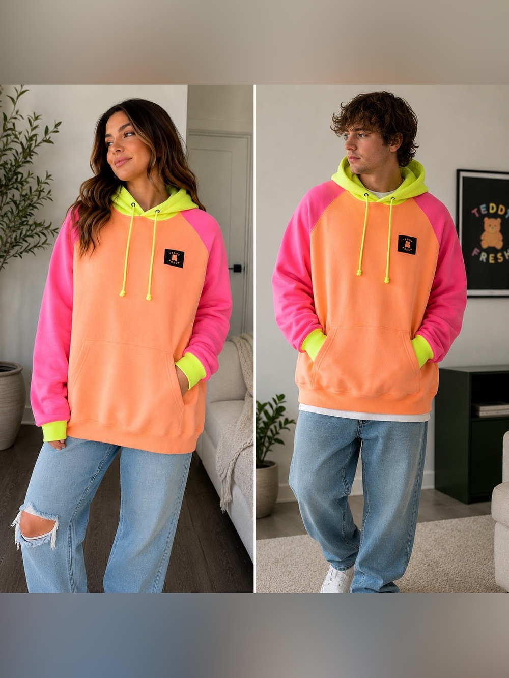 NWT Teddy Fresh Oversized Colorblock Hoodie 2XL Neon Pink Peach Unisex